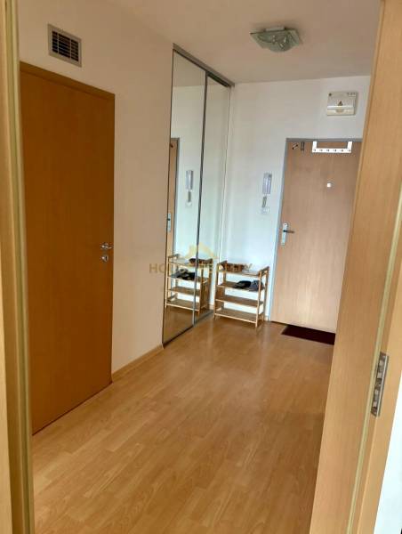 A hallway with a wooden floor and a built-in wardrobe in a 2-room apartment.
