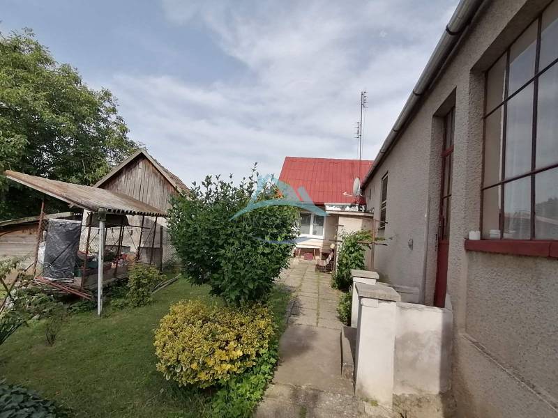 The garden of a family house in Hrkovce with a pathway, gazebo, and greenery.