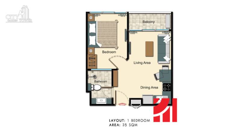 Floor plan of a 2-room apartment with a balcony, living area, and dining room, 35 m².