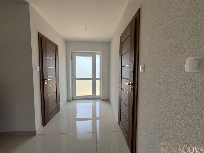 A hallway in a family house with white walls and dark doors.