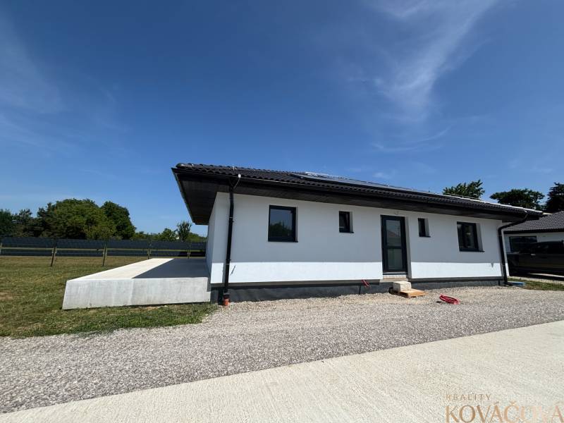 A family house in Podlužany with a grassy plot and a gravel driveway.