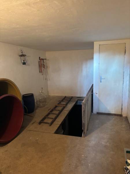 A cellar with a ladder and accessories, suitable for recreational properties, offers useful utilization.