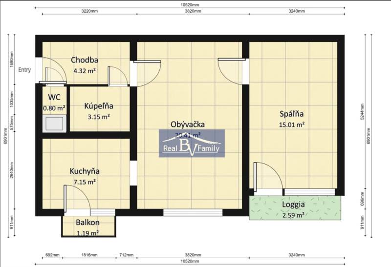 Floor plan of a 2-room apartment with a bedroom, kitchen, living room, loggia, and balcony.