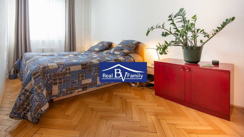 A bedroom in a studio apartment with a wooden floor, a bed, a red wardrobe, and a plant.