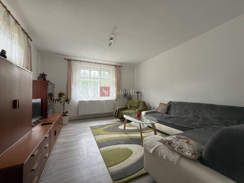 Living room in a family house with a sofa, coffee table, and rugs.