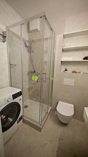 Bathroom with a shower, washing machine, toilet, and shelves in a studio apartment.