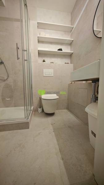 A bathroom in a studio apartment with a toilet, a shower corner, and shelves on the wall.