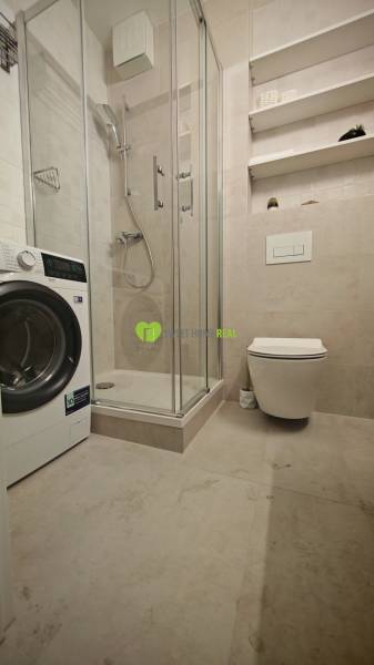 Bathroom with a washing machine, shower, and toilet in a studio apartment.