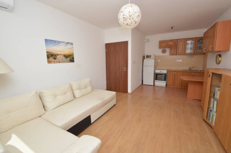 Living room connected to the kitchen in a 2-room apartment, white sofa, wooden floor and cabinets.