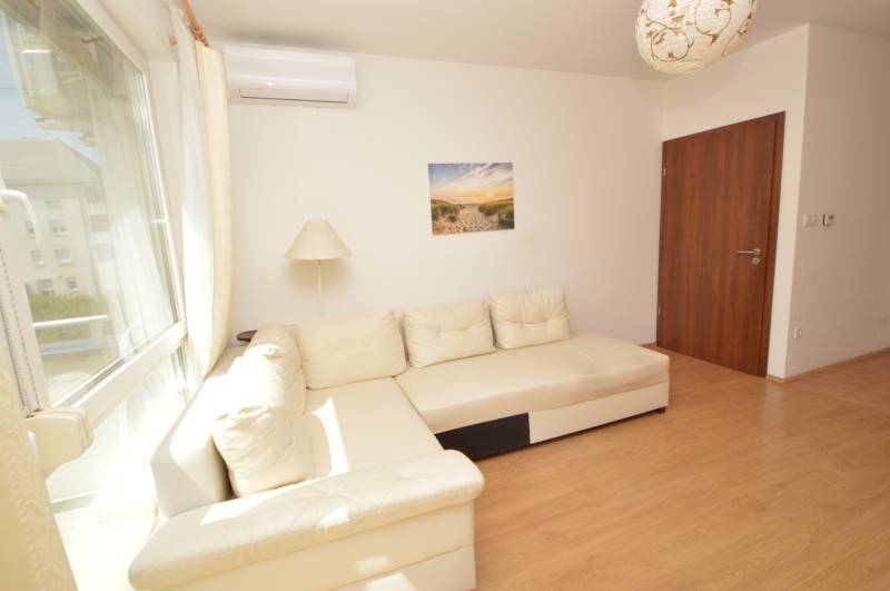 A bright living room in a two-room apartment with a sofa and a lamp.