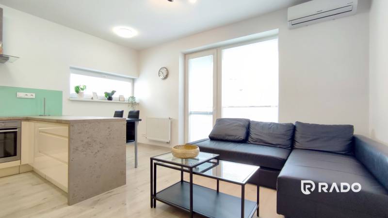 Living area and kitchen of a furnished 2-room apartment with a dining table.