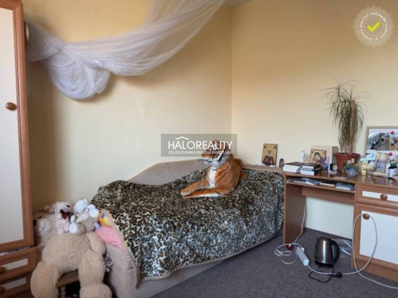 Children's room in a family house with a bed, plush toys, and a desk.