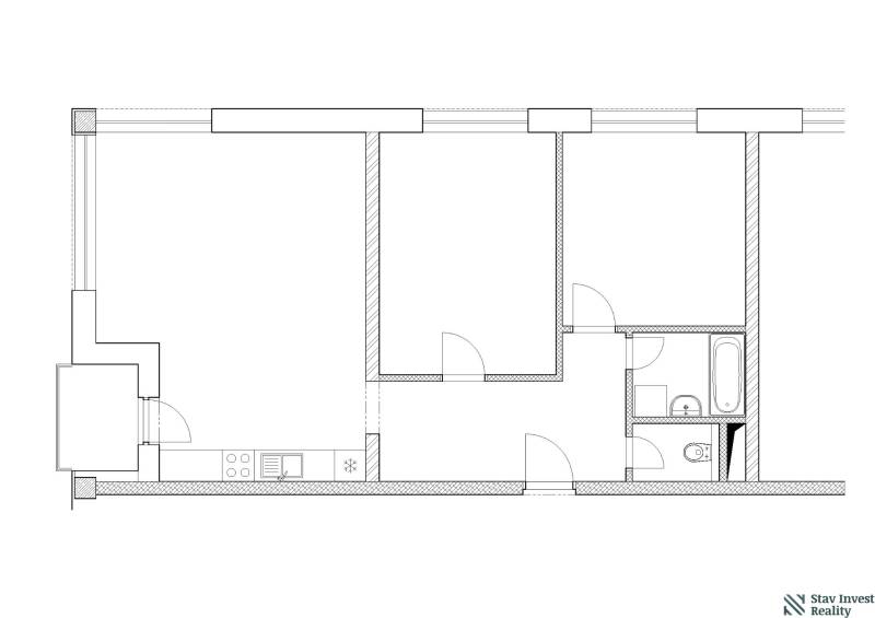 Floor plan of a 3-room apartment with a kitchen, bathroom, and other rooms.