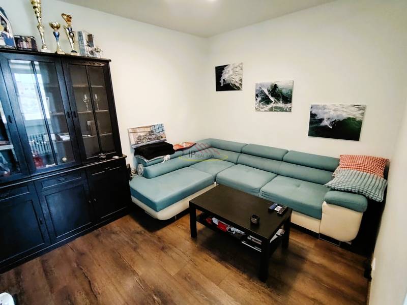Living room with a blue sofa, wooden floor, and a display cabinet in a two-room apartment.