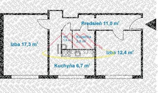 Floor plan of a 2-room apartment with two rooms, a kitchen, a hallway, a bathroom, and a toilet.