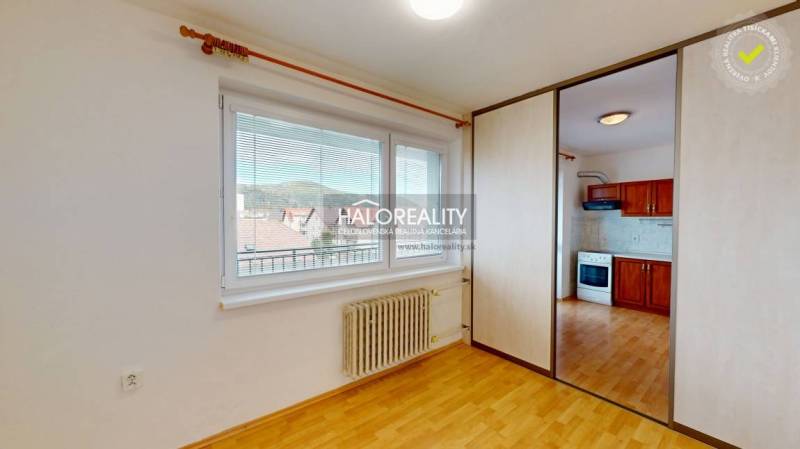 Room with white walls, a radiator, a window overlooking the kitchen, and a studio apartment.