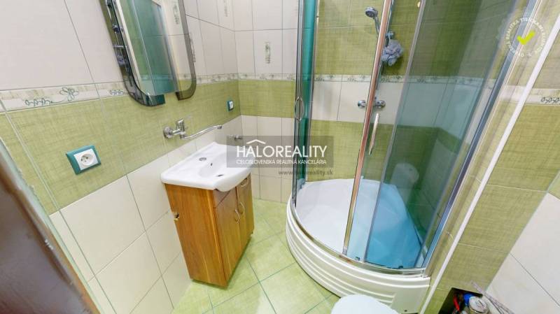 A bathroom with a corner shower in a studio apartment, tiled with green and white tiles.