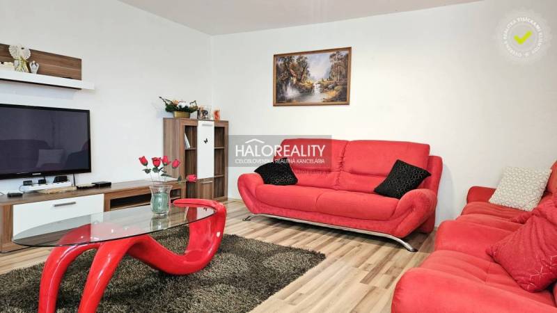 Living room of a family house with red sofas and modern furniture.