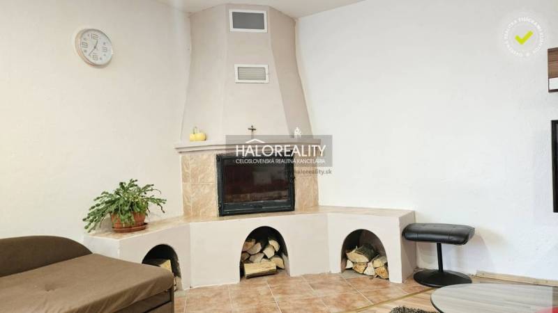 A stylish fireplace in a family house, with wood, a plant, and a clock on the wall.