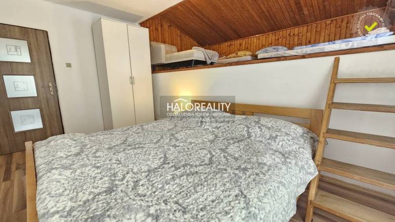 Bedroom in a family house with wooden paneling and a ladder to the upper floor.
