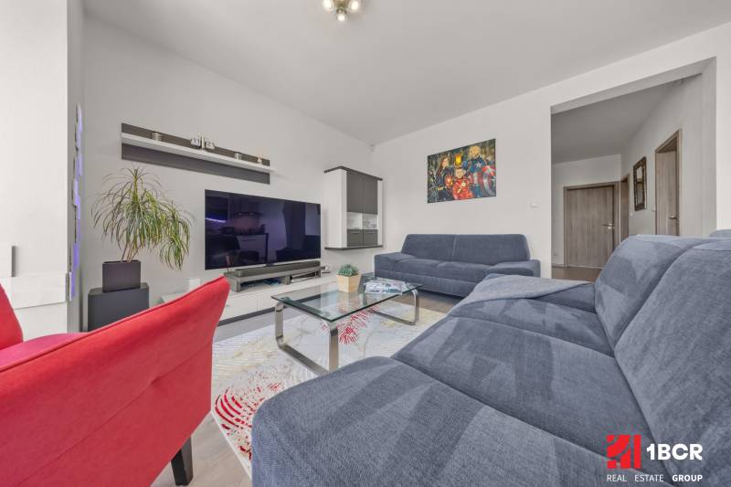 Living room in a 4-room apartment with a television, sofas, and interior decorations.