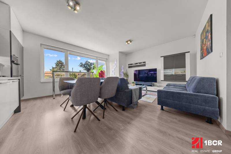 Living room in a 4-room apartment with a dining table, sofa, and television.