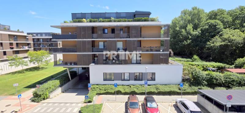 Residential complex on Yellow Street in Bratislava-Petržalka with parking spaces and greenery.