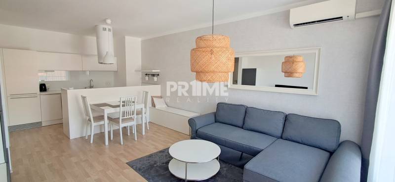 A comfortable living room with a kitchen in a 2-room apartment with elegant furniture and lighting.