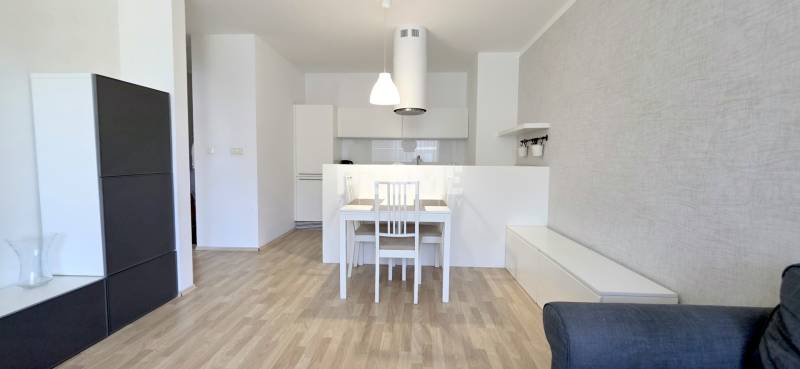 Dining area and kitchen in a 2-room apartment with simple furnishings.