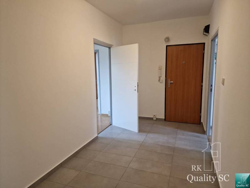 Entrance hall in a 4-room apartment with tiles and doors.