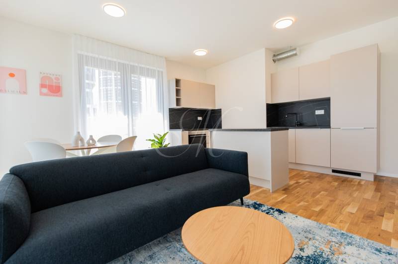 Living room and kitchen in a 3-room apartment with a sofa, coffee table, and dining table.