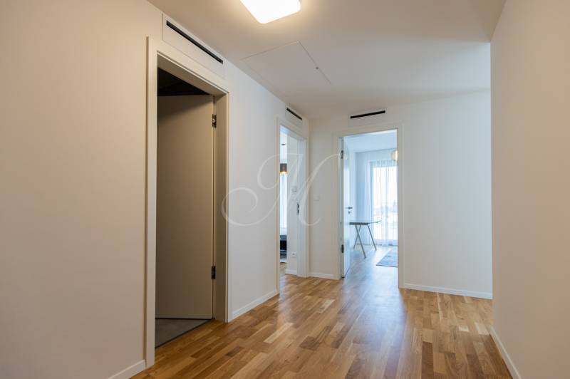 A hallway in a 3-room apartment with a wooden floor and open doors to the rooms.