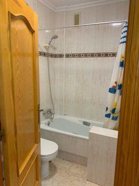 A bathroom in a family house with a bathtub, toilet, and a shower curtain with ducks.