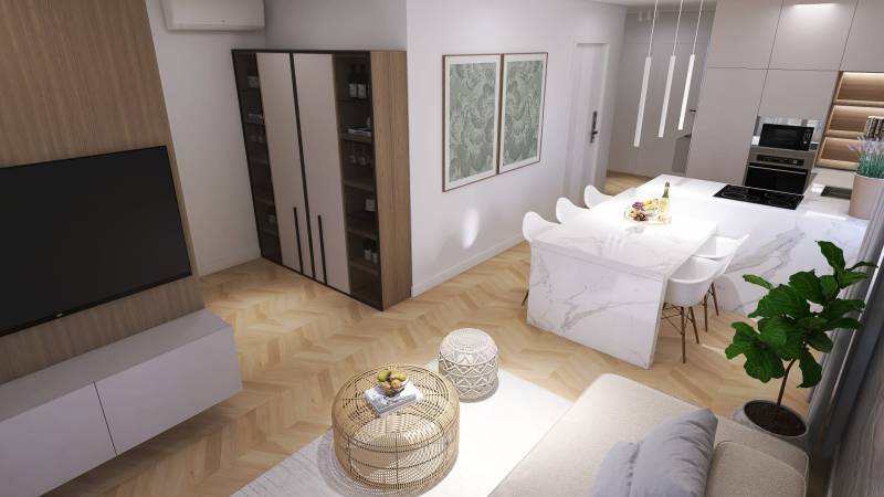 Interior of a 4-room apartment with an open kitchen and stylish furnishings.