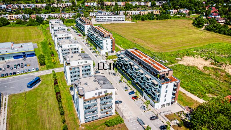 Aerial view of residential buildings on Dlhé lúky Street in the city of Púchov.