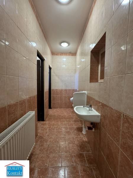 A bathroom in commercial premises with a sink and brown-tinted tiles.