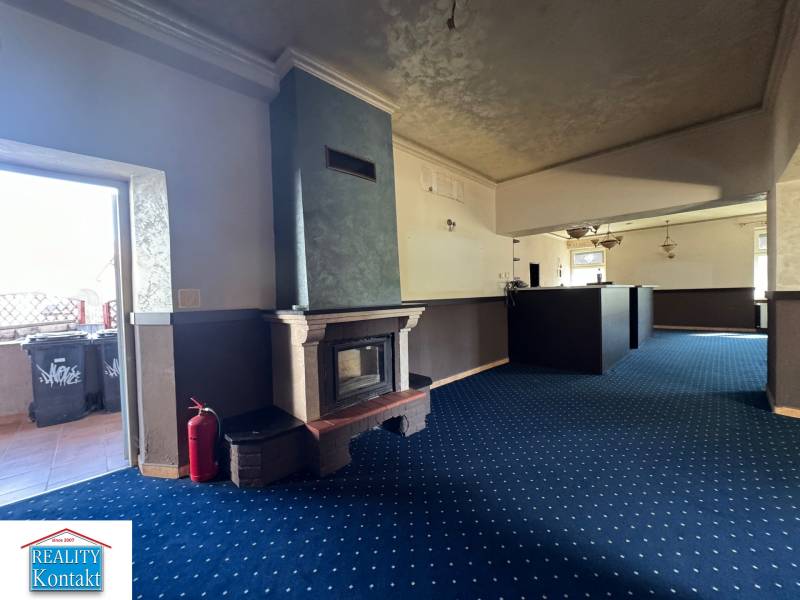 Interior of commercial space with a fireplace and a blue carpet.