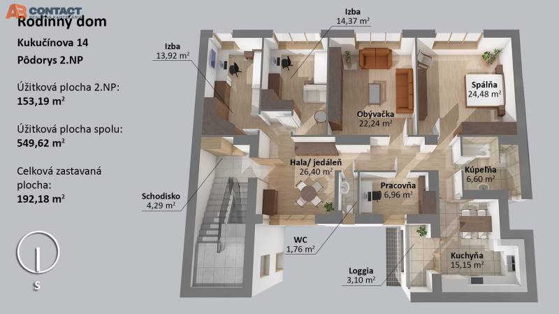 Floor plan of a family house with room layout and an area of 153.19 m².