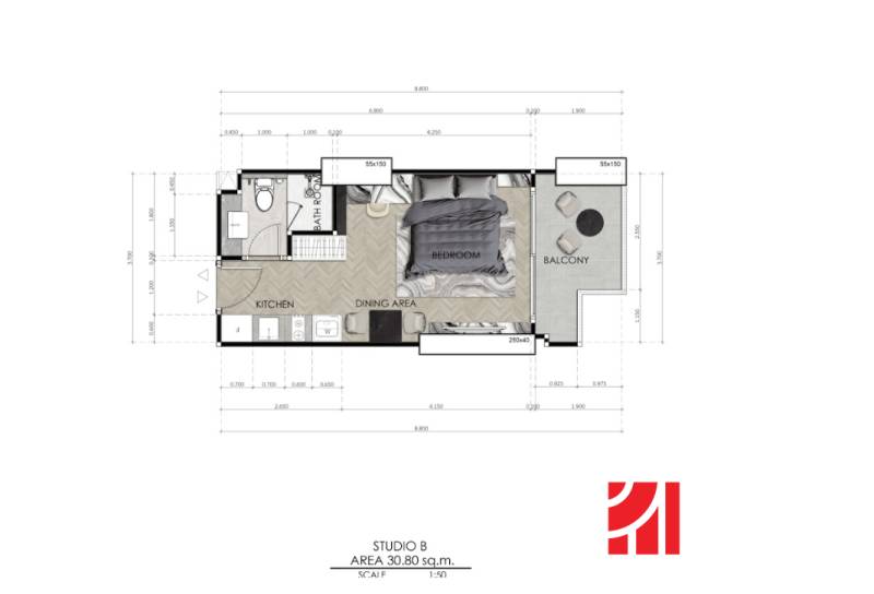 Floor plan of a studio apartment with one bedroom, kitchen, and balcony under construction in an apartment building.
