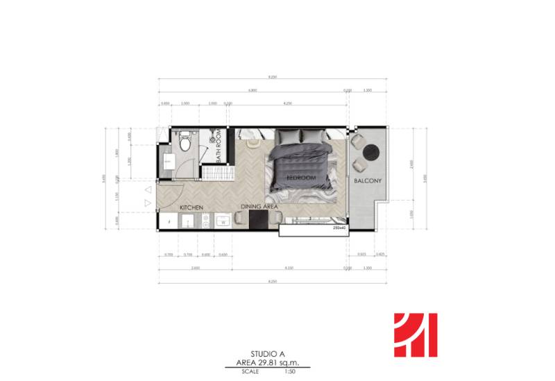 Floor plan of a studio with a kitchen, bedroom, bathroom, and balcony. Apartment construction.