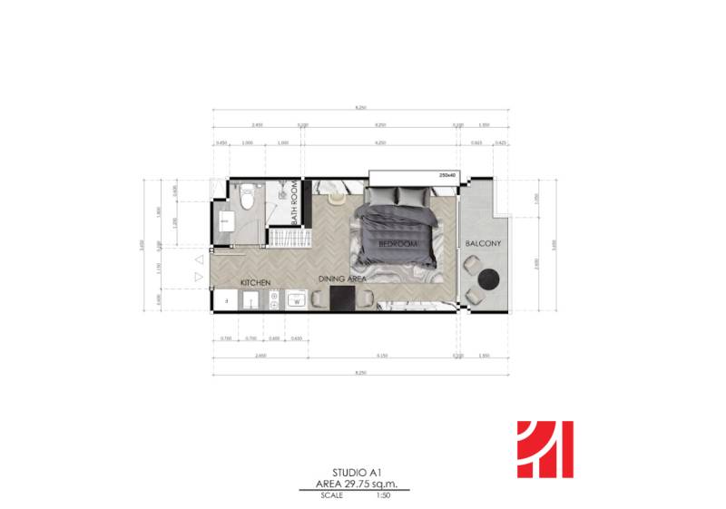 Floor plan of a studio apartment with a kitchen, bathroom, bedroom, and balcony. Apartment construction.