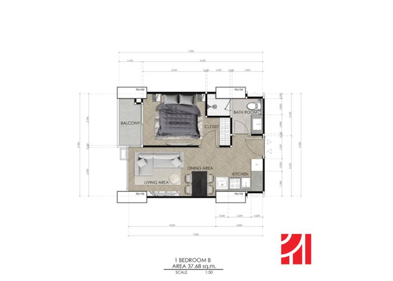Floor plan of a 2-room apartment with a balcony, living room, bedroom, bathroom, and kitchen.