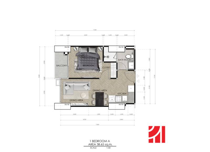 The floor plan shows the layout of a 2-room apartment with a balcony and a spacious living room.
