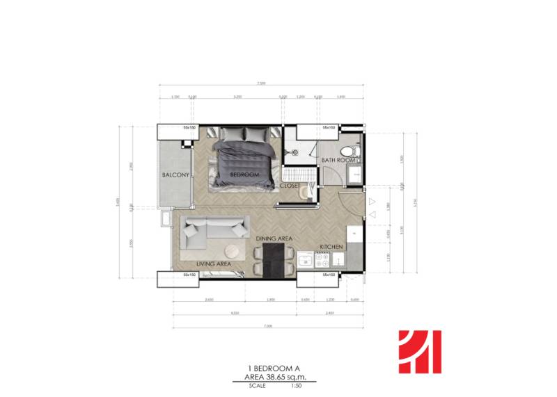 Floor plan of a 2-room apartment with a kitchen, bathroom, living room, and balcony.