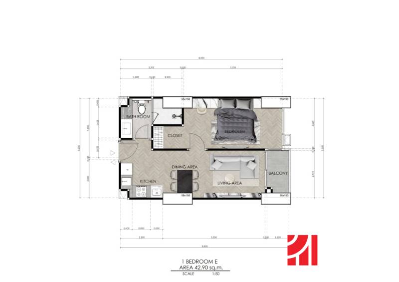 Floor plan of a 2-room apartment with a bathroom, living room, and balcony.
