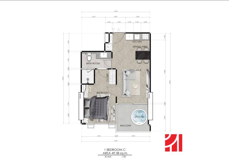 Floor plan of a 2-bedroom apartment with a balcony and jacuzzi.