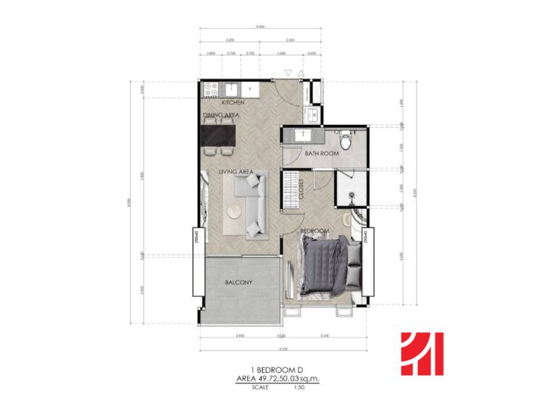 Floor plan of a 2-room apartment with one bedroom, kitchen, living room, and balcony.