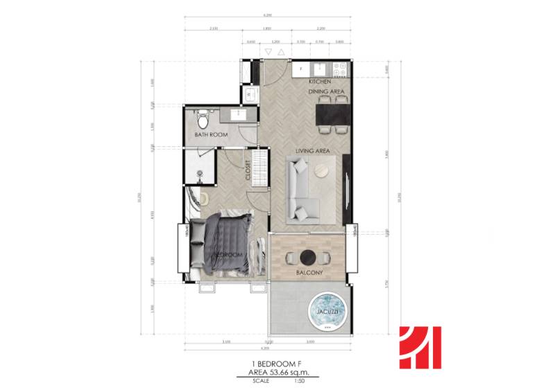 Floor plan of a 2-room apartment with a living area, kitchen, bedroom, bathroom, and balcony.