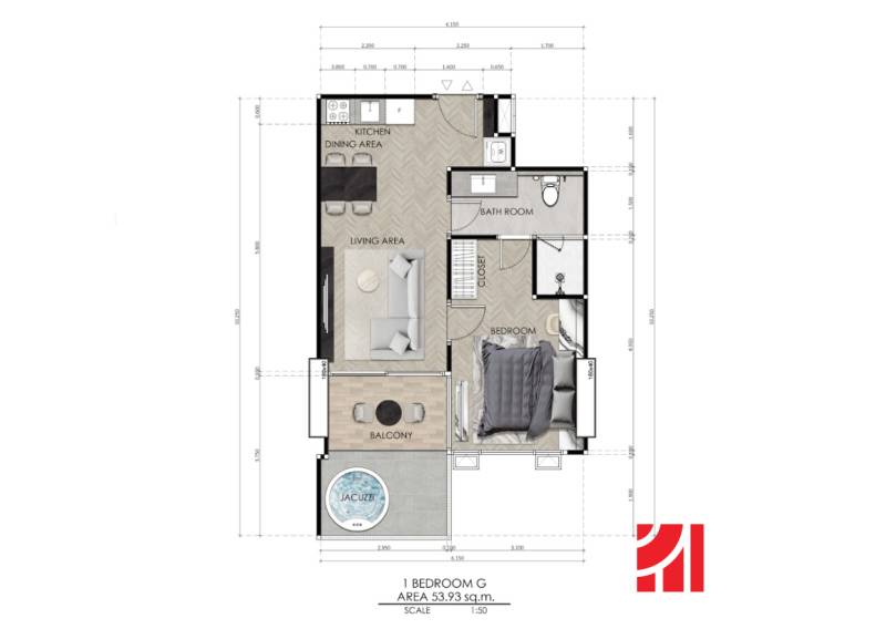 Floor plan of a 2-room apartment with a balcony, hot tub, bathroom, and kitchen area.