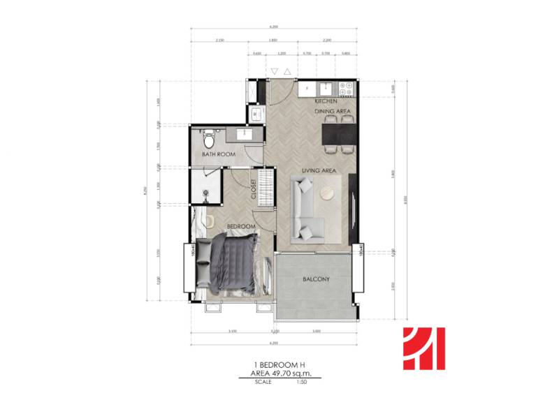 Floor plan of a 2-room apartment with a bedroom, living room, kitchen, and balcony.
